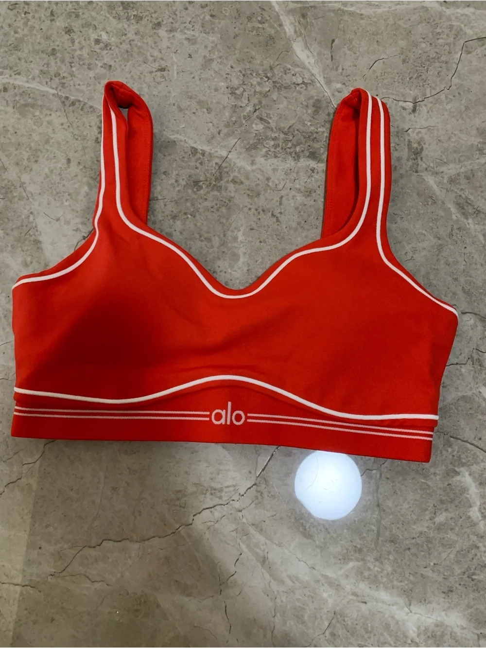 ALO Yoga Red Sports Bra and Leggings Set with White Piping
